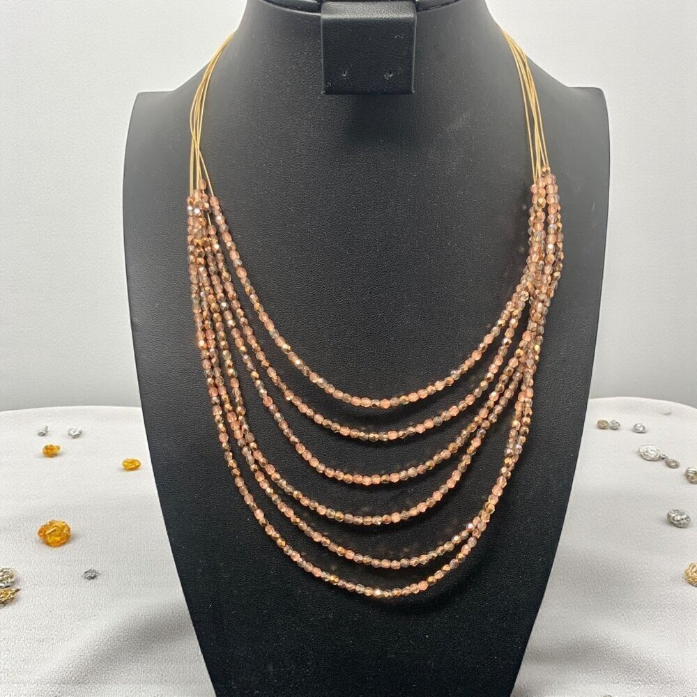 Seasonal Whispers Glitzy Necklace Rose Gold Czech Glass Beads 24k Gold Wire 18"L